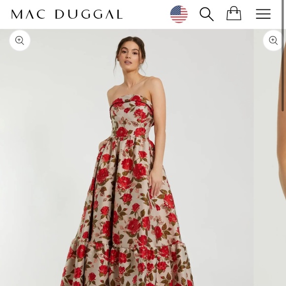 MAC DUGGAL Multicolor Brocade Strapless Floral Gown With Ruffle Hem - Picture 1 of 4